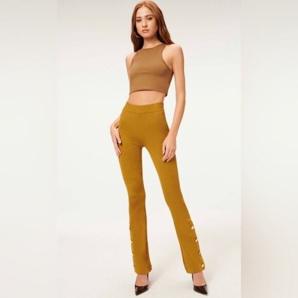 Good American Ribbed Boss Flare Pants Button Hem Pull On Soft Stretchy Gold Sz M - Picture 3 of 13